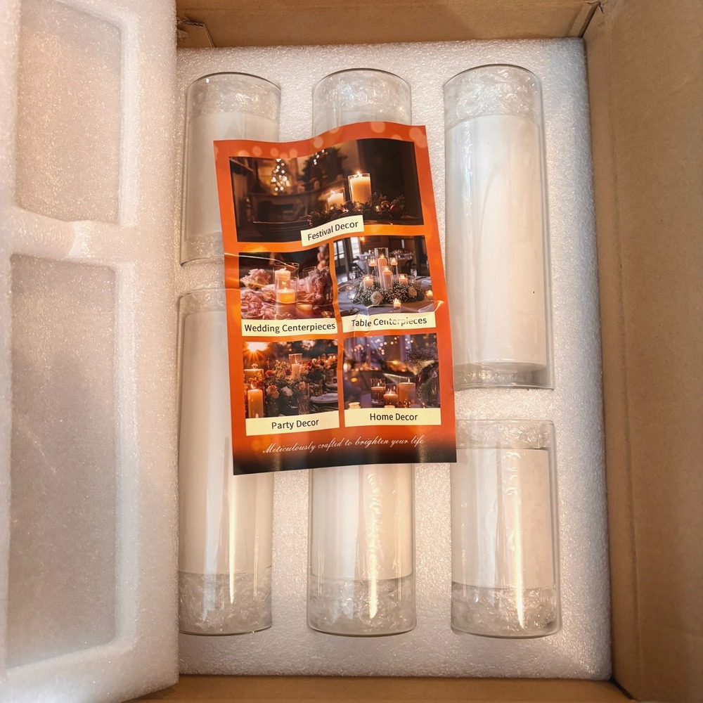 Set of 12 White Pillar Candles with Glass Cylinder Vases Clear Hurricane Glass